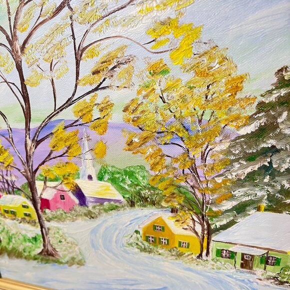 Original Artwork Framed Winter Village Scene Painting By B. Hummer - Picture 4 of 9